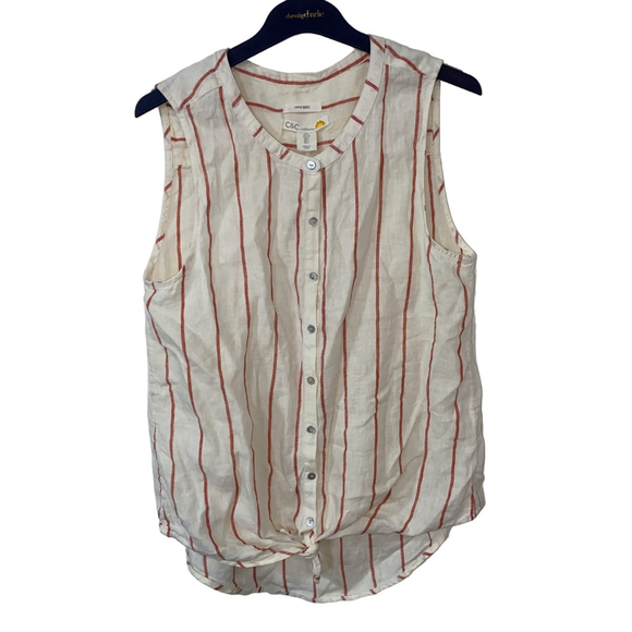 C&C California Tops - Women's C&C California Linen Red and Cream Striped Sleeveless Top Size L NWT